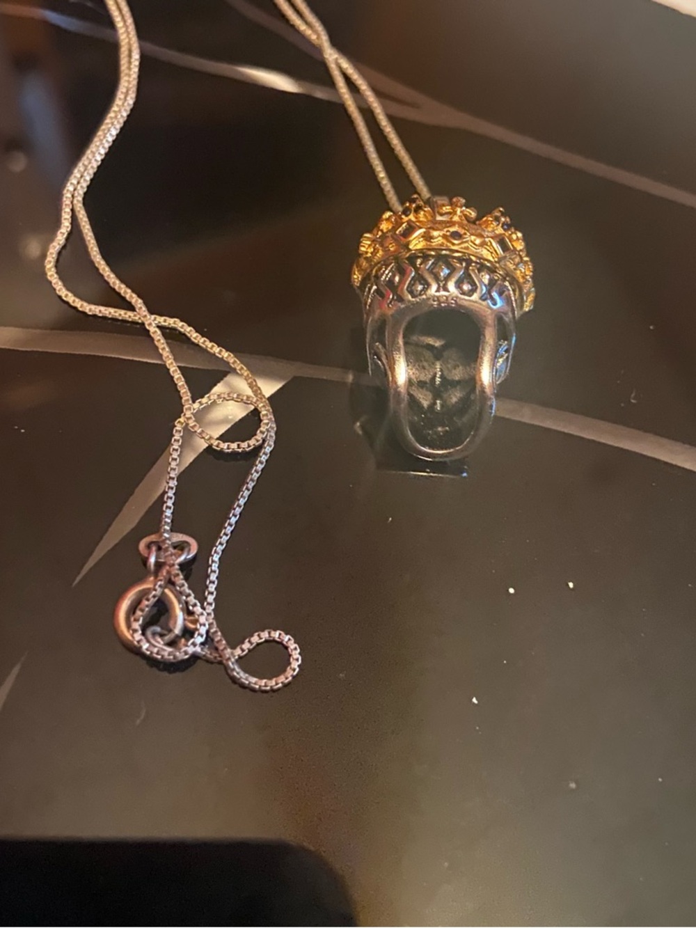 925 Sterling Skull Pendant Necklace with Gold Crown and Betsey Johnson Earrings - Picture 3 of 13